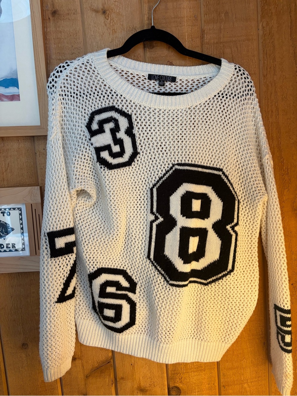 Love Culture Cream Open-Knit Sweater with sporty numbers